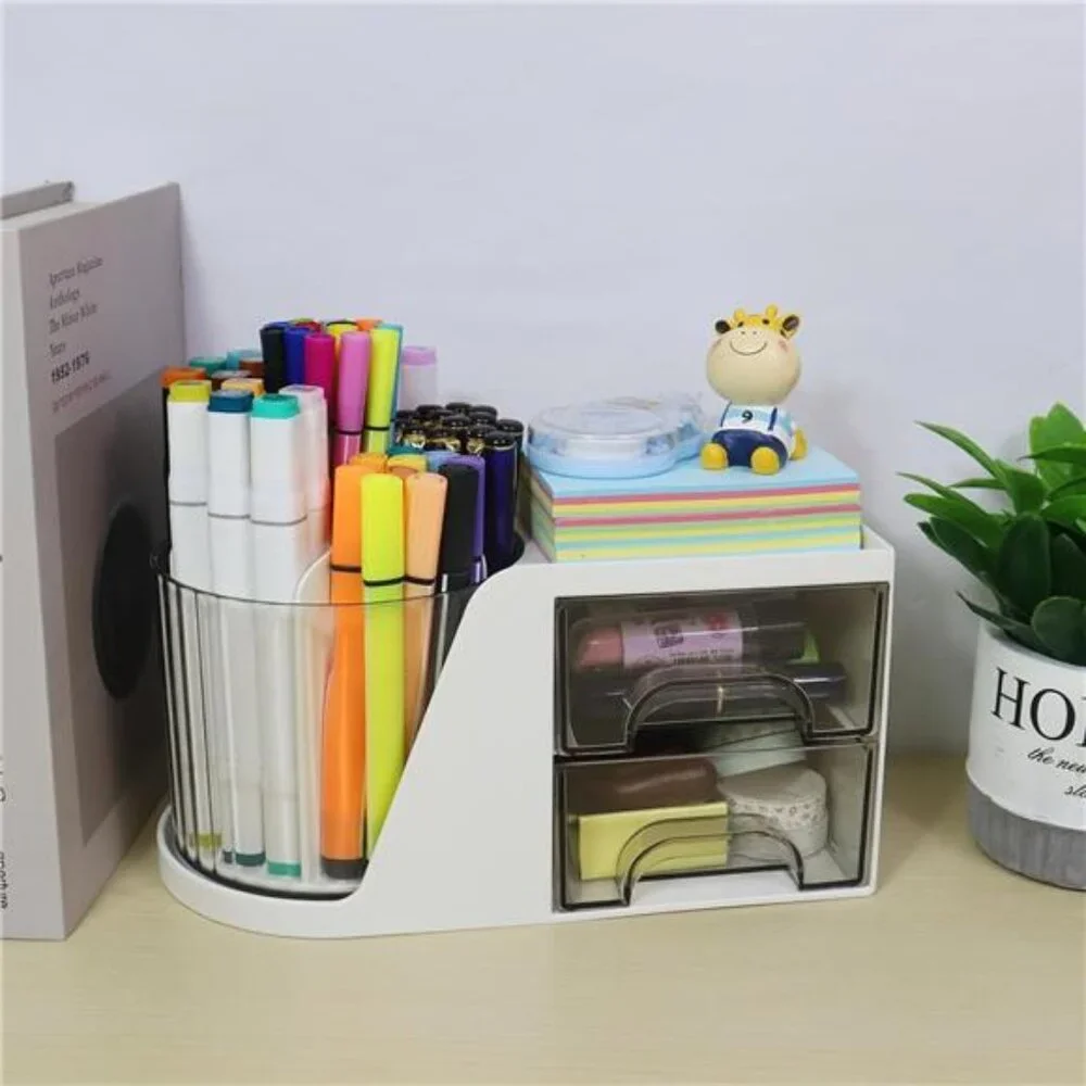 Desk Organizer with Rotating Pen Holder: White Caddy with 2 Drawers‎ for School